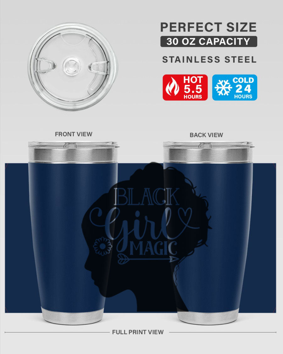 Black girl magic Style 59# 20oz tumbler featuring a vibrant design, double wall vacuum stainless steel, and a drink-thru lid.