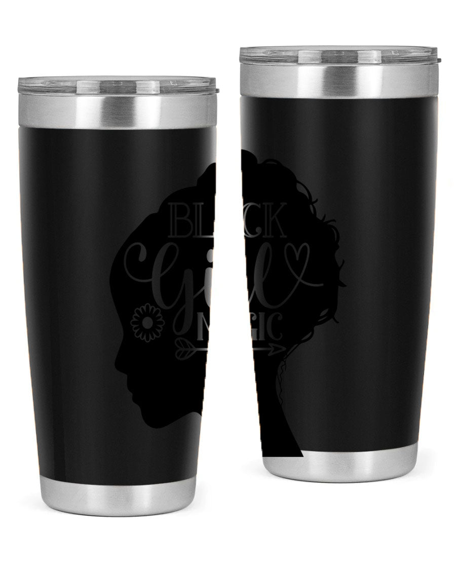Black girl magic Style 59# 20oz tumbler featuring a vibrant design, double wall vacuum stainless steel, and a drink-thru lid.