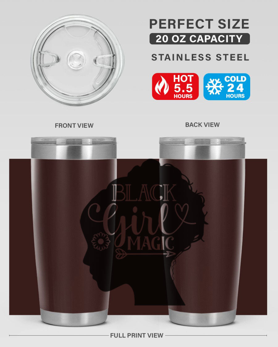 Black girl magic Style 59# 20oz tumbler featuring a vibrant design, double wall vacuum stainless steel, and a drink-thru lid.