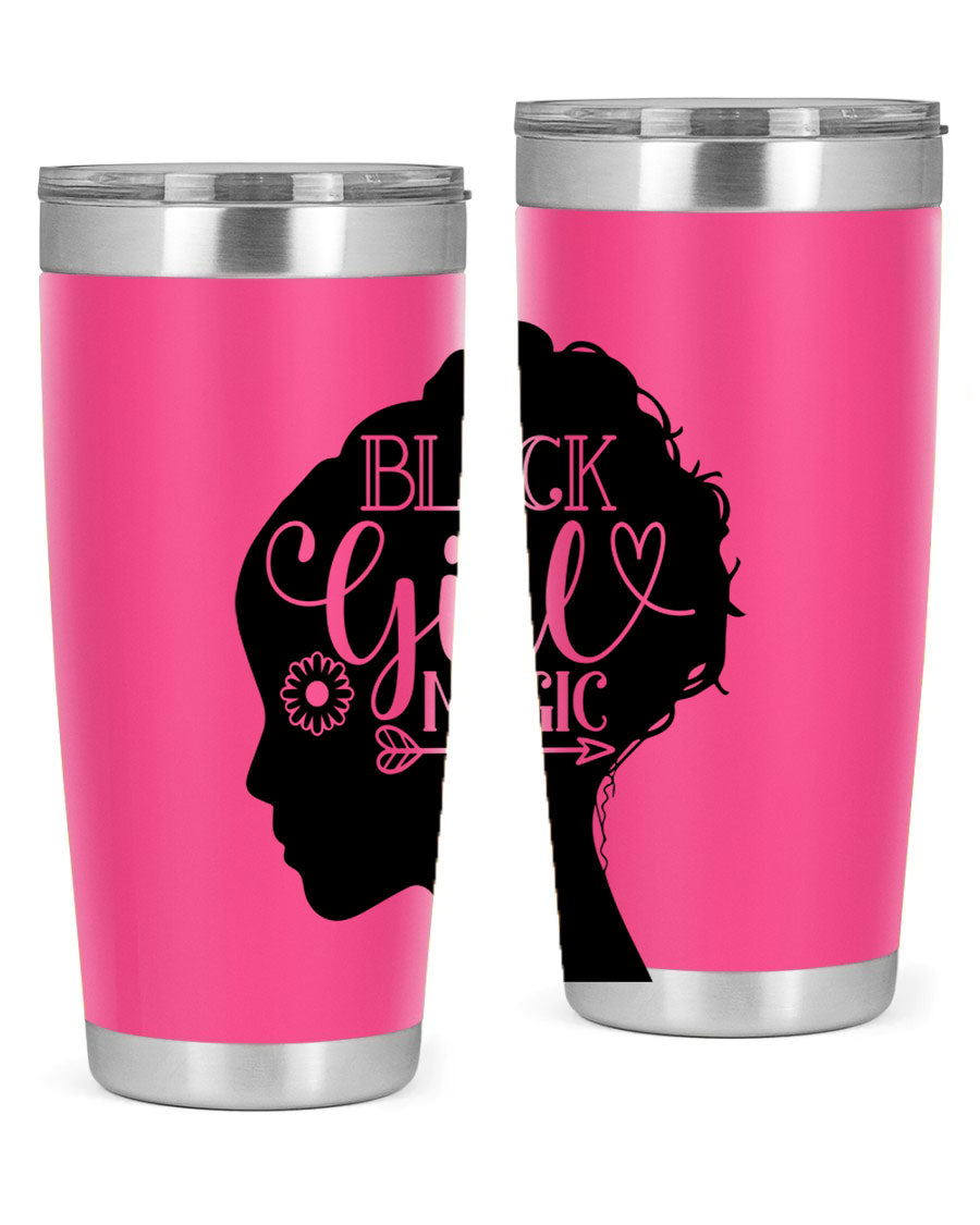 Black girl magic Style 59# 20oz tumbler featuring a vibrant design, double wall vacuum stainless steel, and a drink-thru lid.