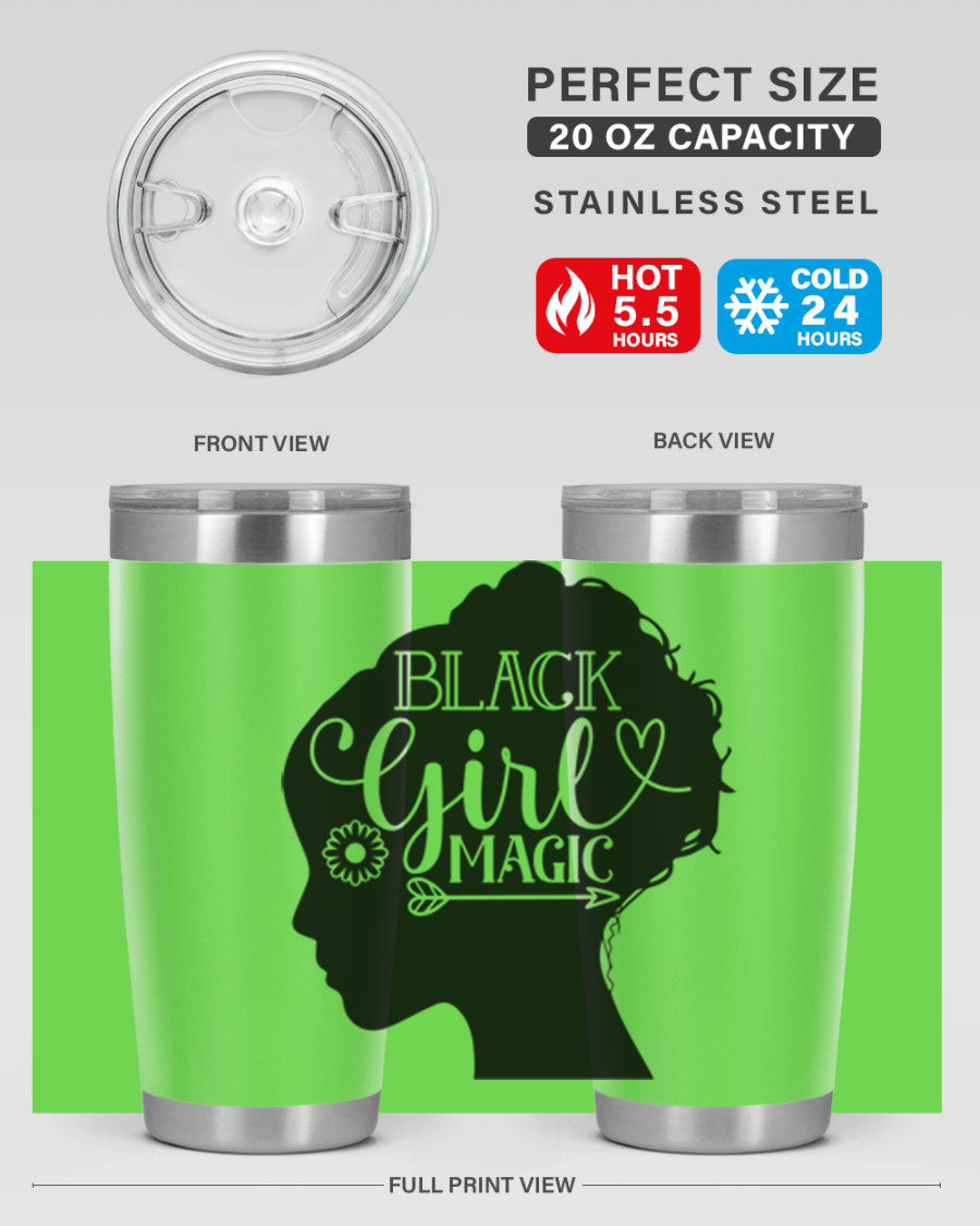 Black girl magic Style 59# 20oz tumbler featuring a vibrant design, double wall vacuum stainless steel, and a drink-thru lid.