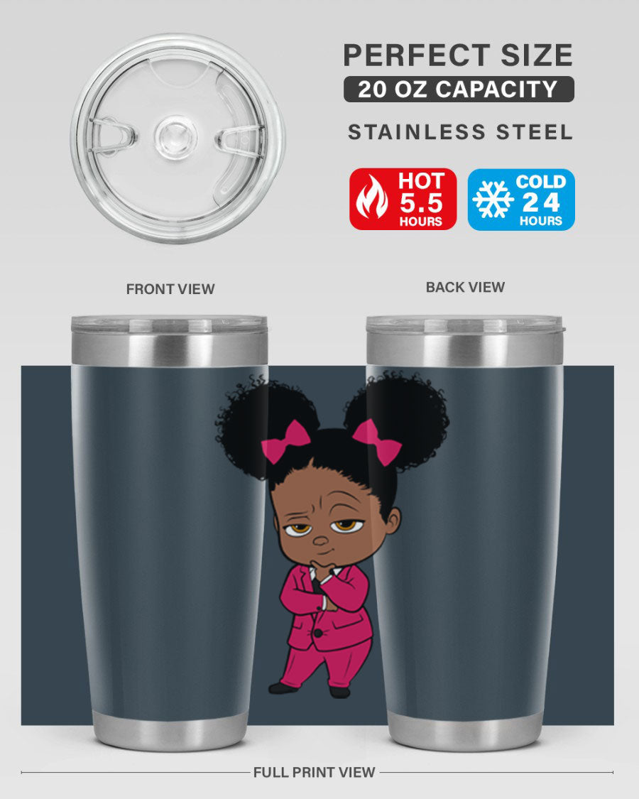 Black Girl Style 20oz Tumbler featuring double wall vacuum insulation, stylish design, and drink-thru lid, perfect for hot and cold beverages.