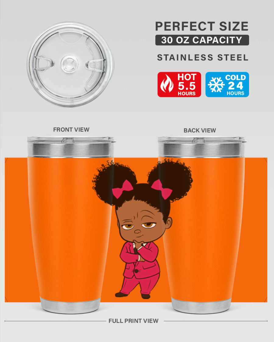 Black Girl Style 20oz Tumbler featuring double wall vacuum insulation, stylish design, and drink-thru lid, perfect for hot and cold beverages.