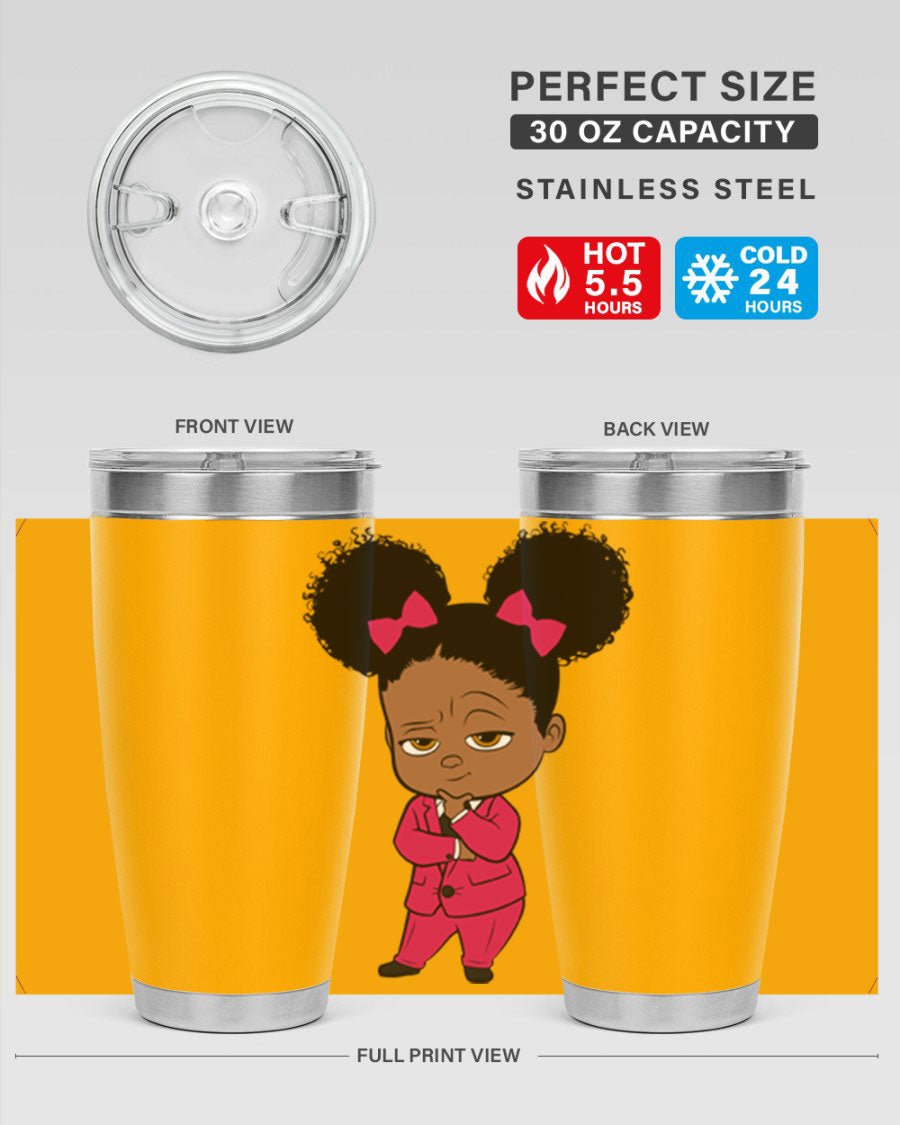 Black Girl Style 20oz Tumbler featuring double wall vacuum insulation, stylish design, and drink-thru lid, perfect for hot and cold beverages.