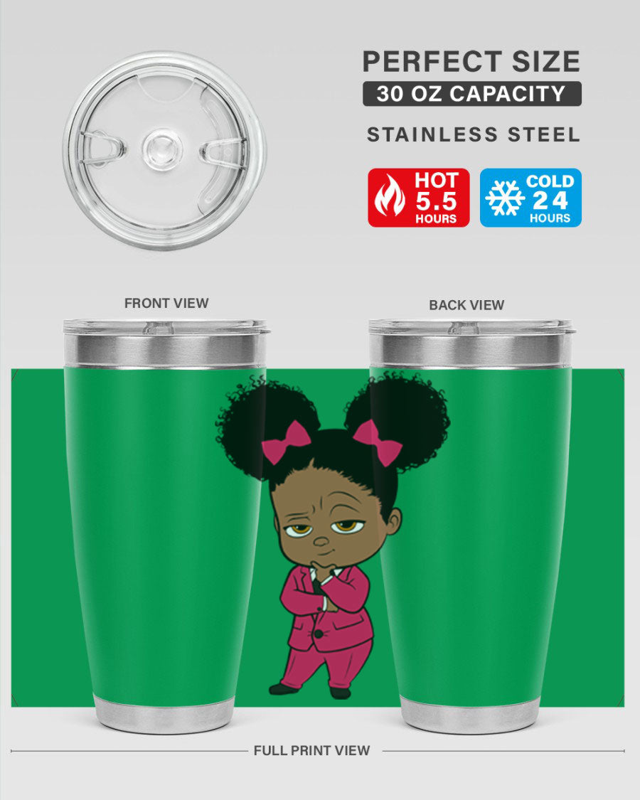 Black Girl Style 20oz Tumbler featuring double wall vacuum insulation, stylish design, and drink-thru lid, perfect for hot and cold beverages.