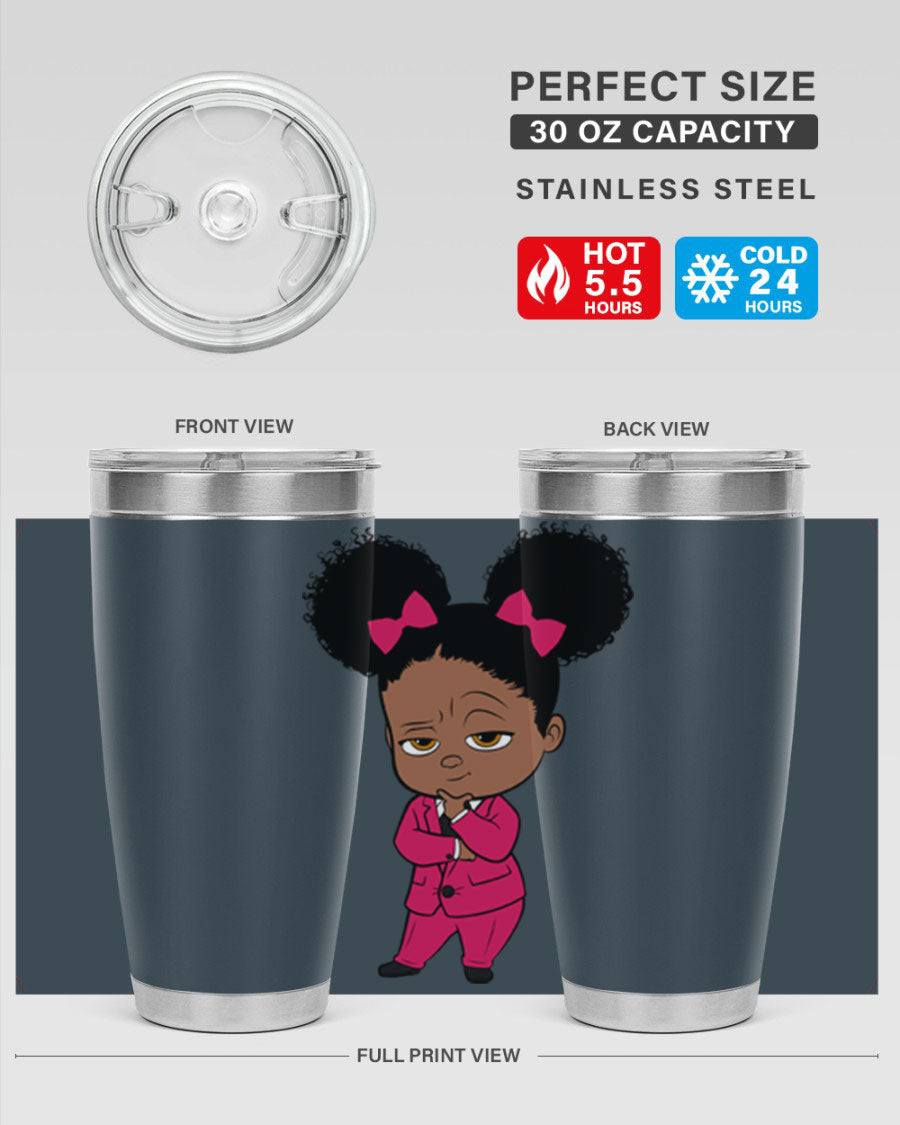 Black Girl Style 20oz Tumbler featuring double wall vacuum insulation, stylish design, and drink-thru lid, perfect for hot and cold beverages.