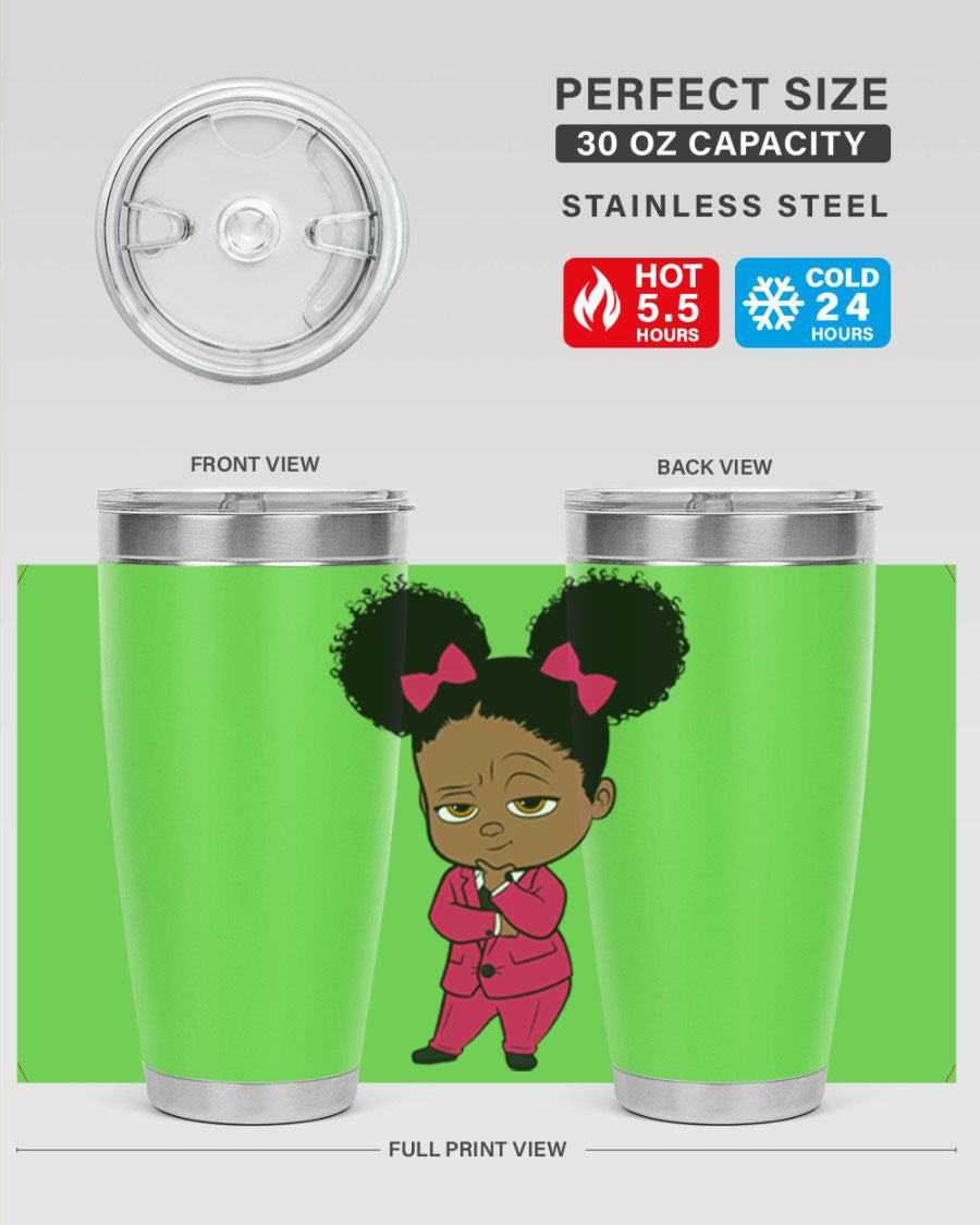 Black Girl Style 20oz Tumbler featuring double wall vacuum insulation, stylish design, and drink-thru lid, perfect for hot and cold beverages.
