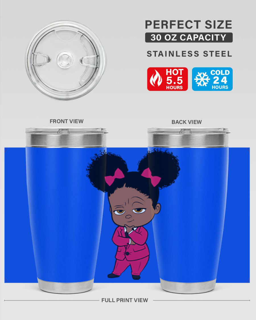 Black Girl Style 20oz Tumbler featuring double wall vacuum insulation, stylish design, and drink-thru lid, perfect for hot and cold beverages.