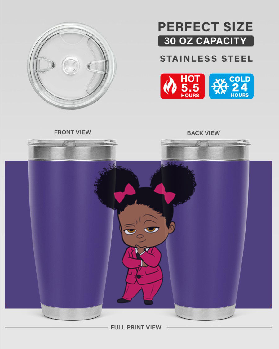 Black Girl Style 20oz Tumbler featuring double wall vacuum insulation, stylish design, and drink-thru lid, perfect for hot and cold beverages.