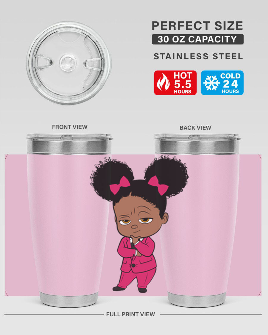 Black Girl Style 20oz Tumbler featuring double wall vacuum insulation, stylish design, and drink-thru lid, perfect for hot and cold beverages.