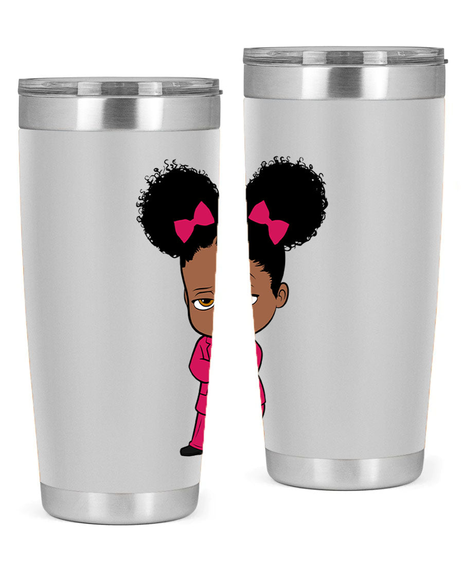 Black Girl Style 20oz Tumbler featuring double wall vacuum insulation, stylish design, and drink-thru lid, perfect for hot and cold beverages.