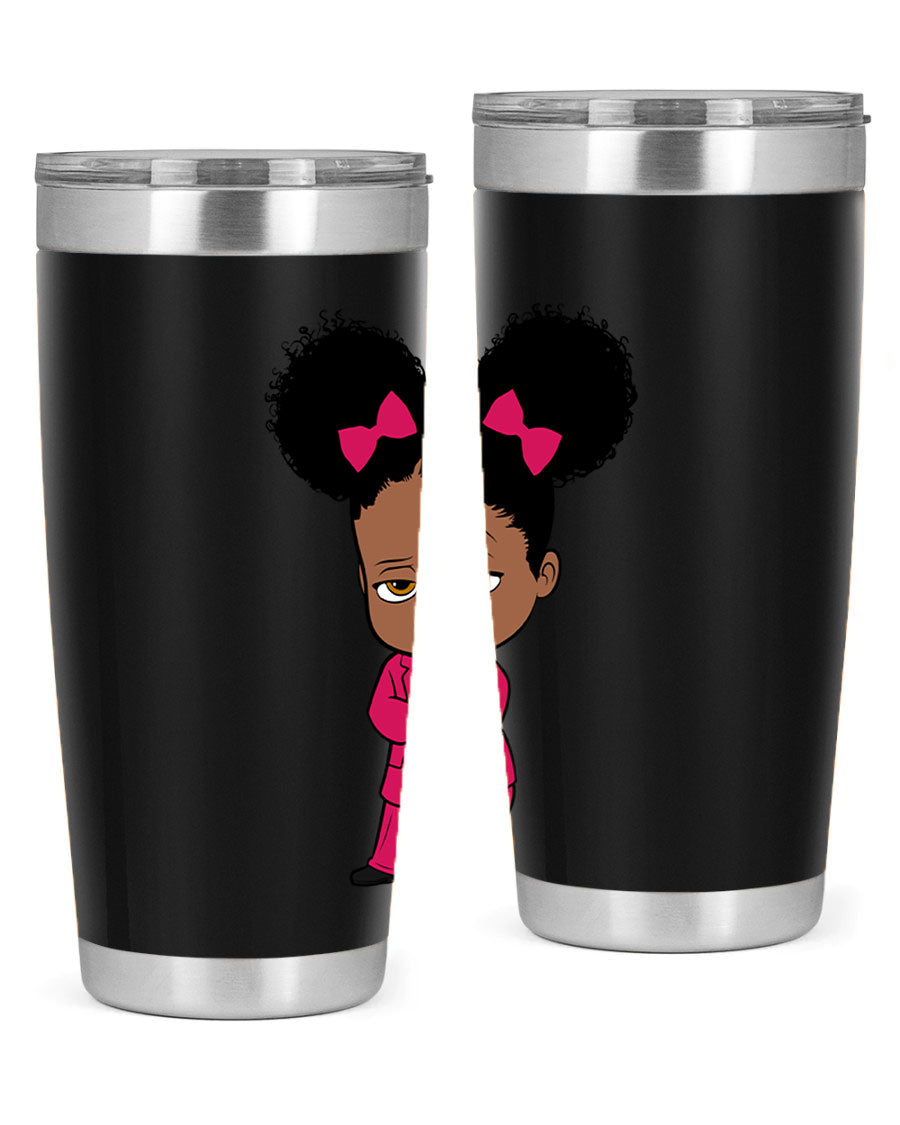 Black Girl Style 20oz Tumbler featuring double wall vacuum insulation, stylish design, and drink-thru lid, perfect for hot and cold beverages.
