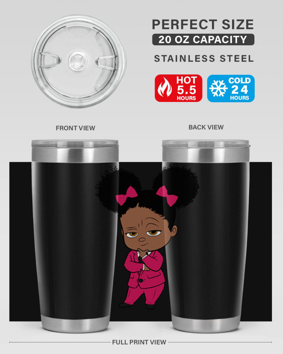 Black Girl Style 20oz Tumbler featuring double wall vacuum insulation, stylish design, and drink-thru lid, perfect for hot and cold beverages.