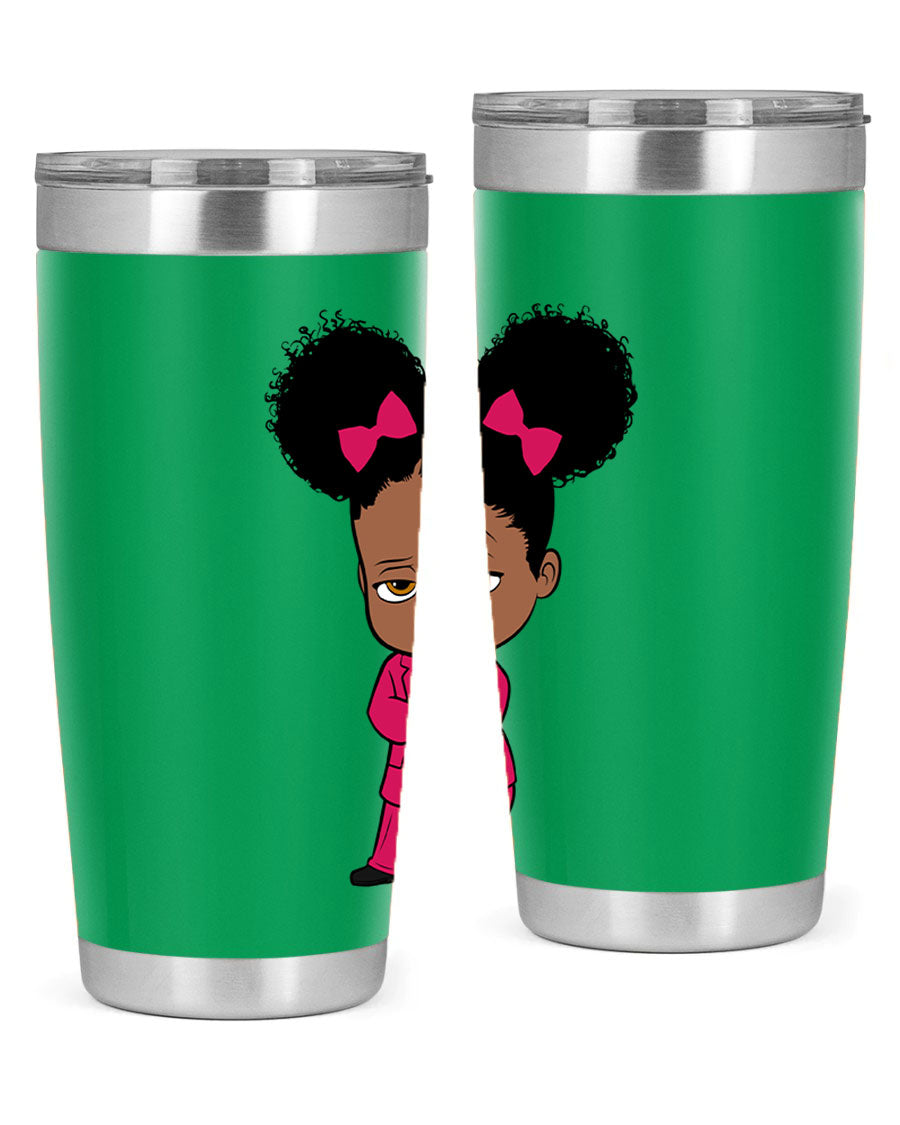Black Girl Style 20oz Tumbler featuring double wall vacuum insulation, stylish design, and drink-thru lid, perfect for hot and cold beverages.