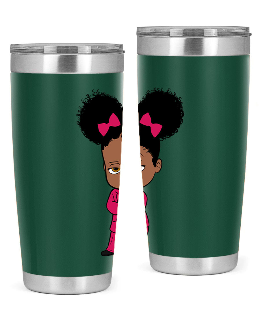Black Girl Style 20oz Tumbler featuring double wall vacuum insulation, stylish design, and drink-thru lid, perfect for hot and cold beverages.