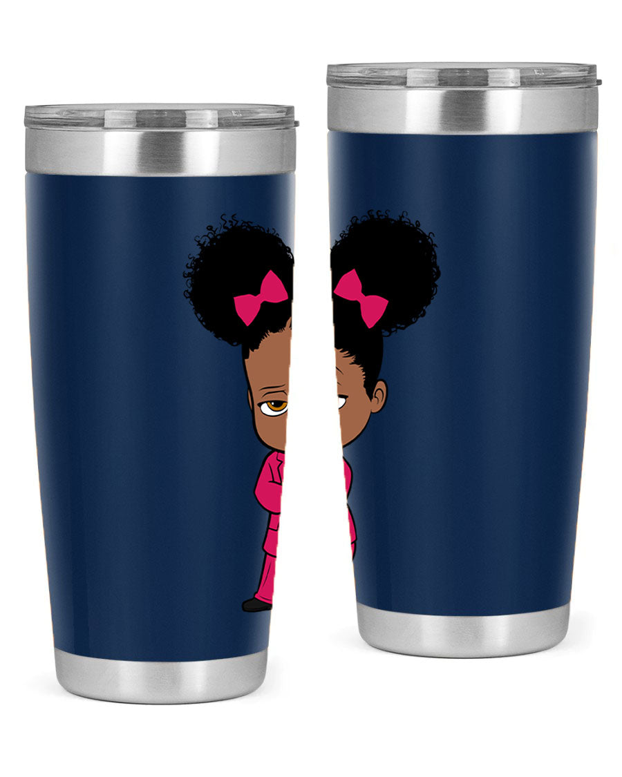 Black Girl Style 20oz Tumbler featuring double wall vacuum insulation, stylish design, and drink-thru lid, perfect for hot and cold beverages.
