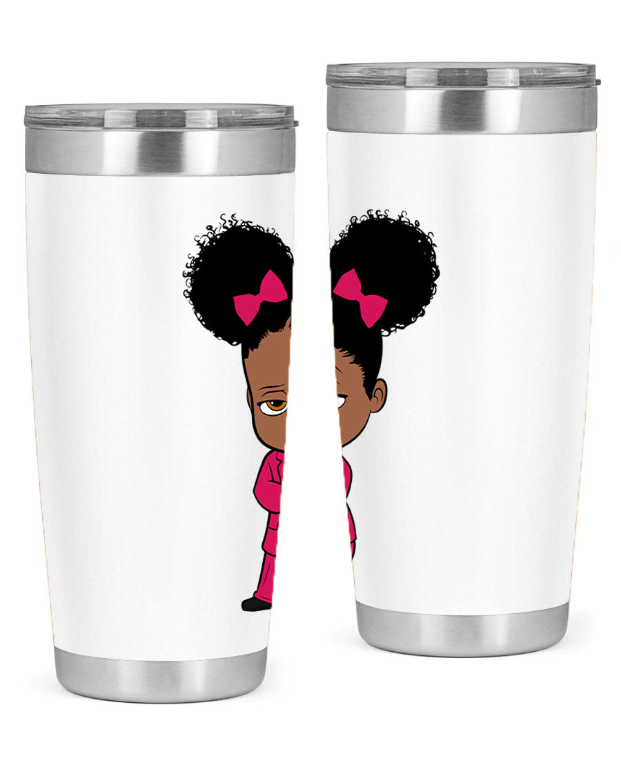 Black Girl Style 20oz Tumbler featuring double wall vacuum insulation, stylish design, and drink-thru lid, perfect for hot and cold beverages.
