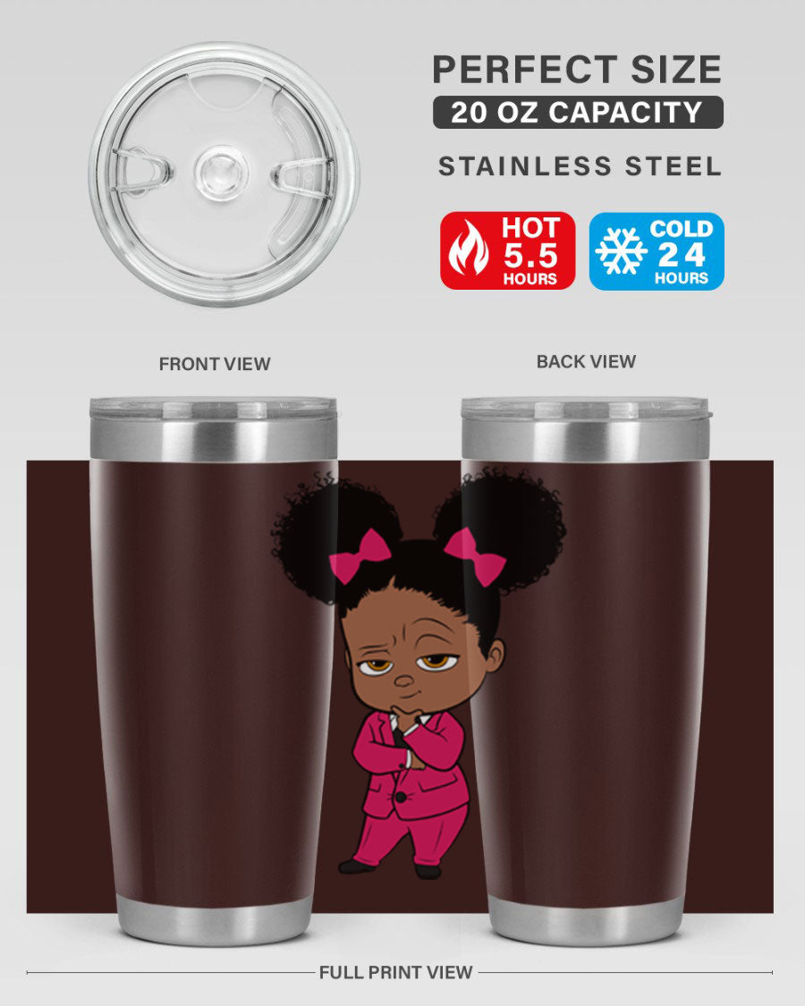Black Girl Style 20oz Tumbler featuring double wall vacuum insulation, stylish design, and drink-thru lid, perfect for hot and cold beverages.