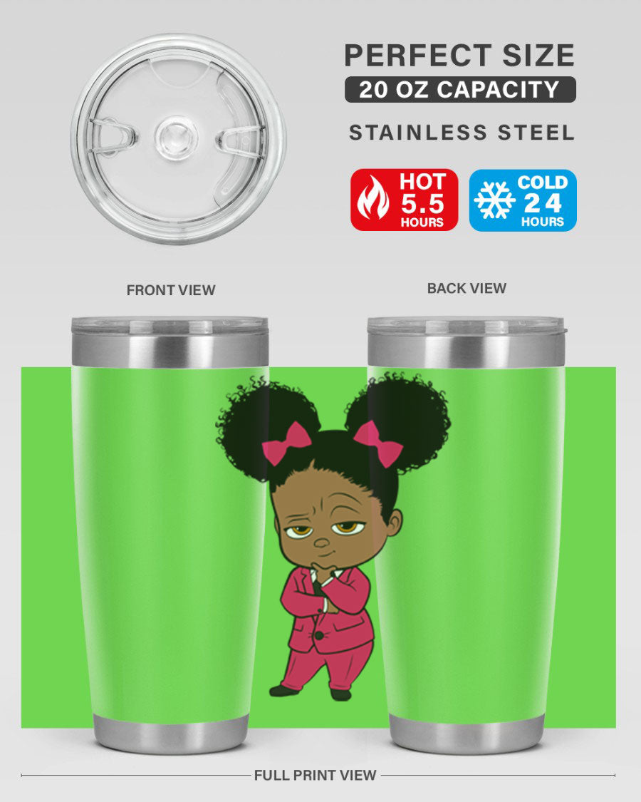 Black Girl Style 20oz Tumbler featuring double wall vacuum insulation, stylish design, and drink-thru lid, perfect for hot and cold beverages.
