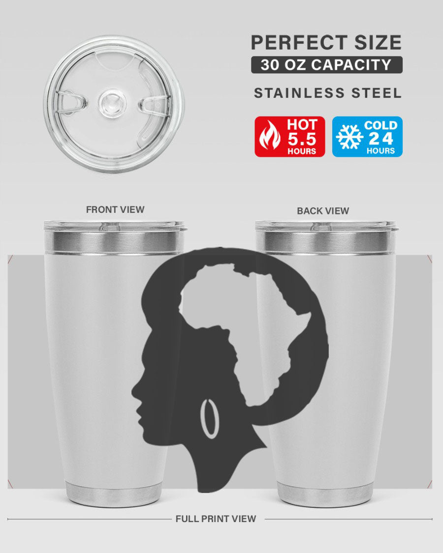 Black History Month Africa Coco and Banana 20oz and 30oz tumblers, featuring double wall vacuum stainless steel design with vibrant cultural prints.