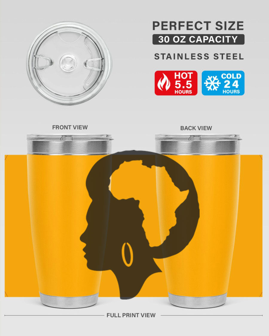 Black History Month Africa Coco and Banana 20oz and 30oz tumblers, featuring double wall vacuum stainless steel design with vibrant cultural prints.