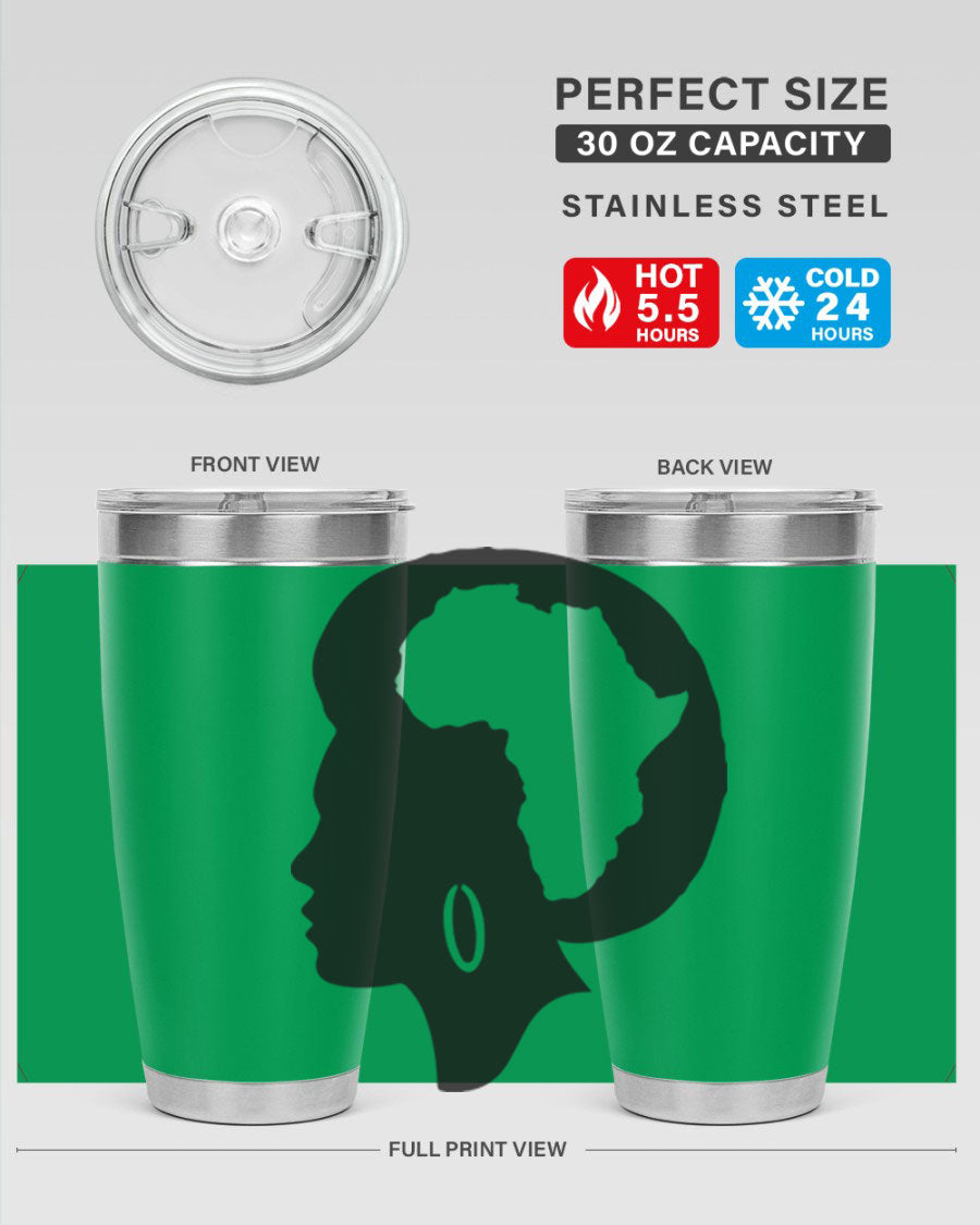 Black History Month Africa Coco and Banana 20oz and 30oz tumblers, featuring double wall vacuum stainless steel design with vibrant cultural prints.