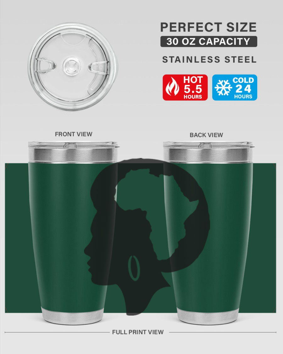 Black History Month Africa Coco and Banana 20oz and 30oz tumblers, featuring double wall vacuum stainless steel design with vibrant cultural prints.