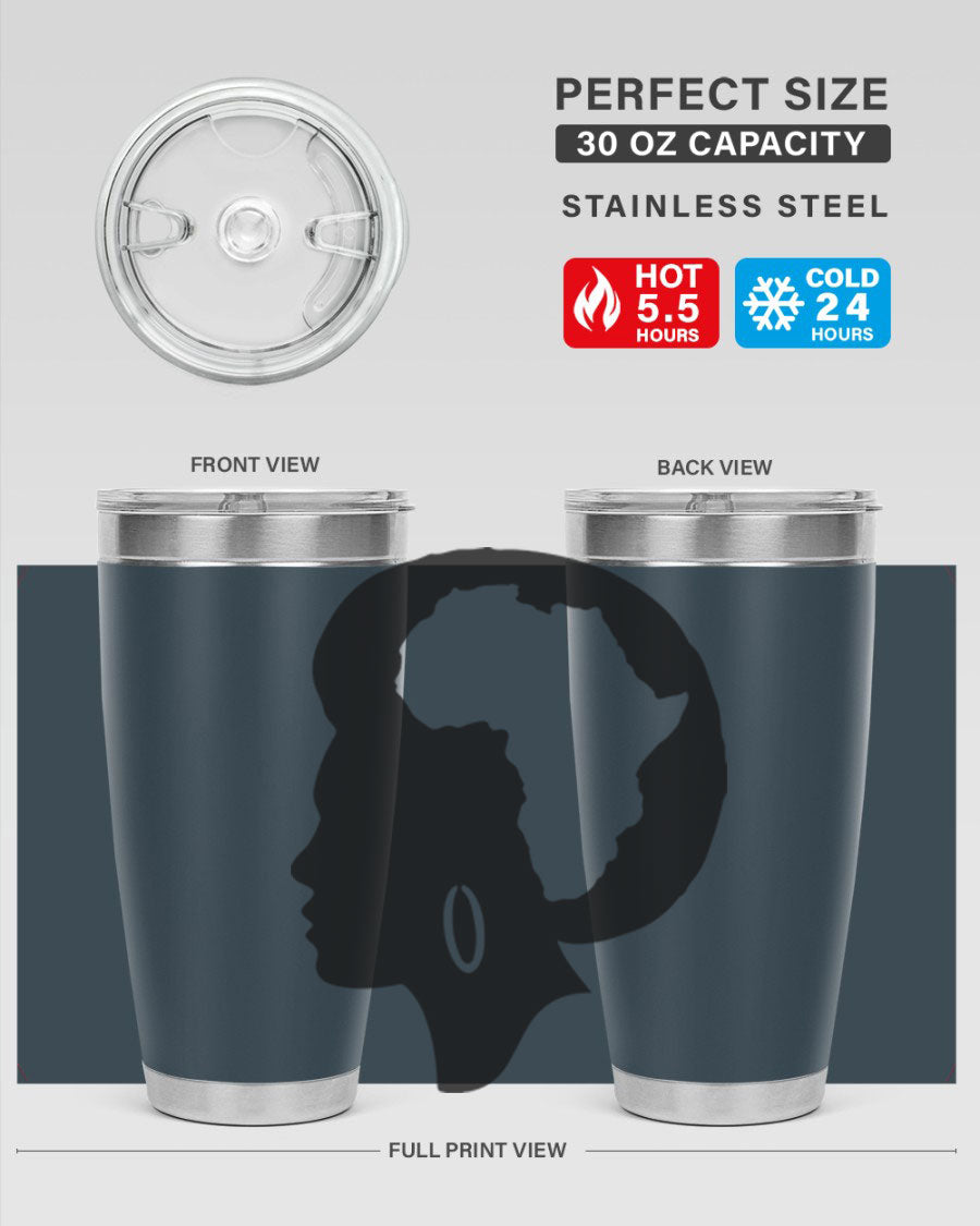 Black History Month Africa Coco and Banana 20oz and 30oz tumblers, featuring double wall vacuum stainless steel design with vibrant cultural prints.