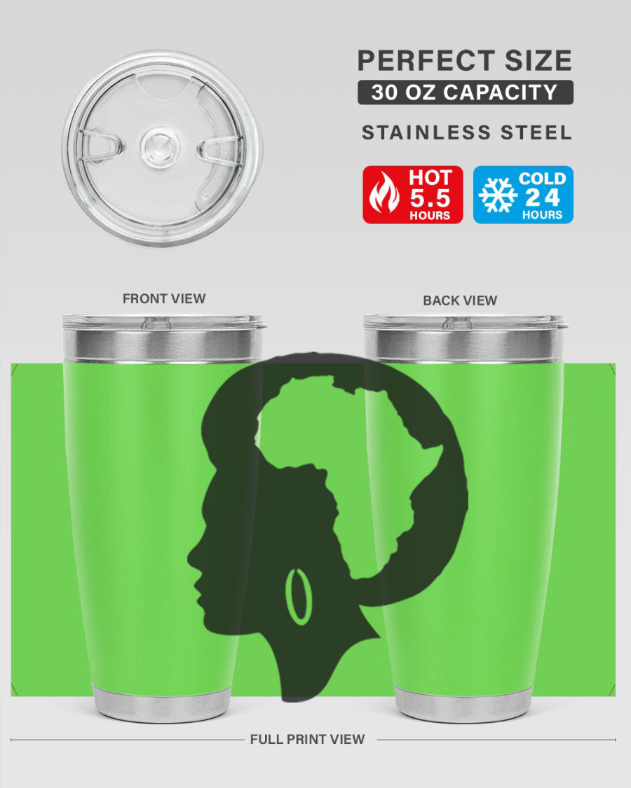 Black History Month Africa Coco and Banana 20oz and 30oz tumblers, featuring double wall vacuum stainless steel design with vibrant cultural prints.