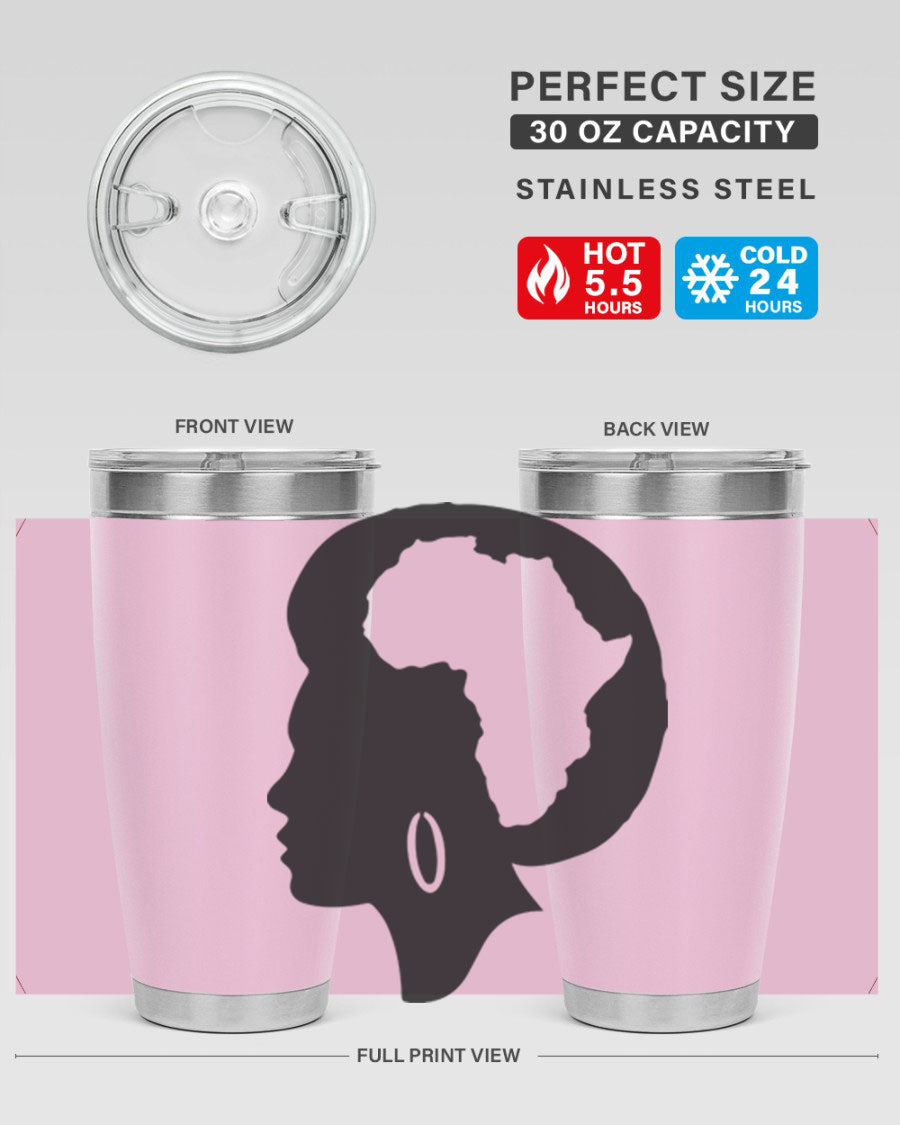 Black History Month Africa Coco and Banana 20oz and 30oz tumblers, featuring double wall vacuum stainless steel design with vibrant cultural prints.