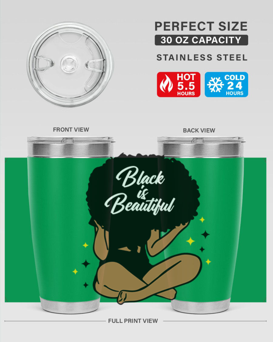 Black is Beautiful 14# Tumbler, 20oz, double wall vacuum stainless steel with a sleek black finish and drink-thru lid.