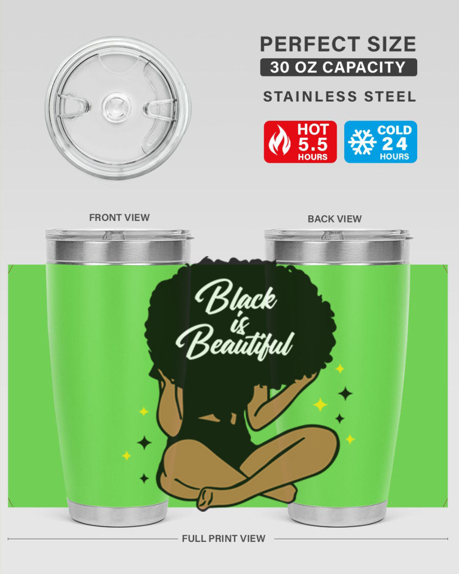 Black is Beautiful 14# Tumbler, 20oz, double wall vacuum stainless steel with a sleek black finish and drink-thru lid.