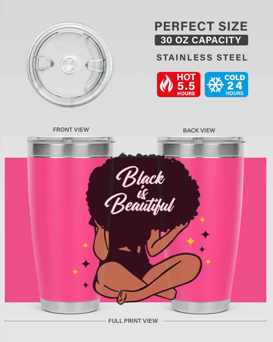 Black is Beautiful 14# Tumbler, 20oz, double wall vacuum stainless steel with a sleek black finish and drink-thru lid.