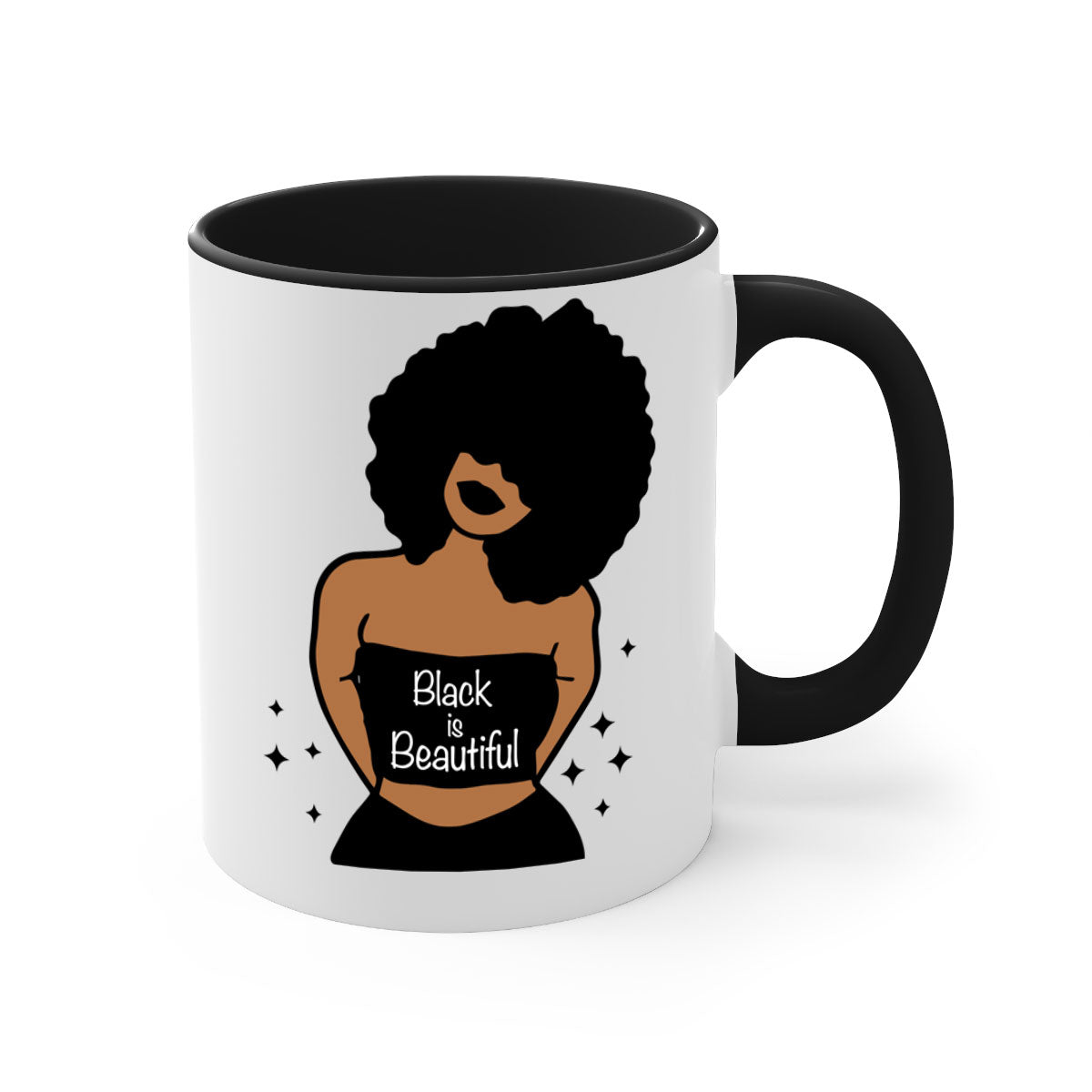 Black is Beautiful Mug featuring a glossy finish with a colored handle and interior, available in multiple colors and sizes.