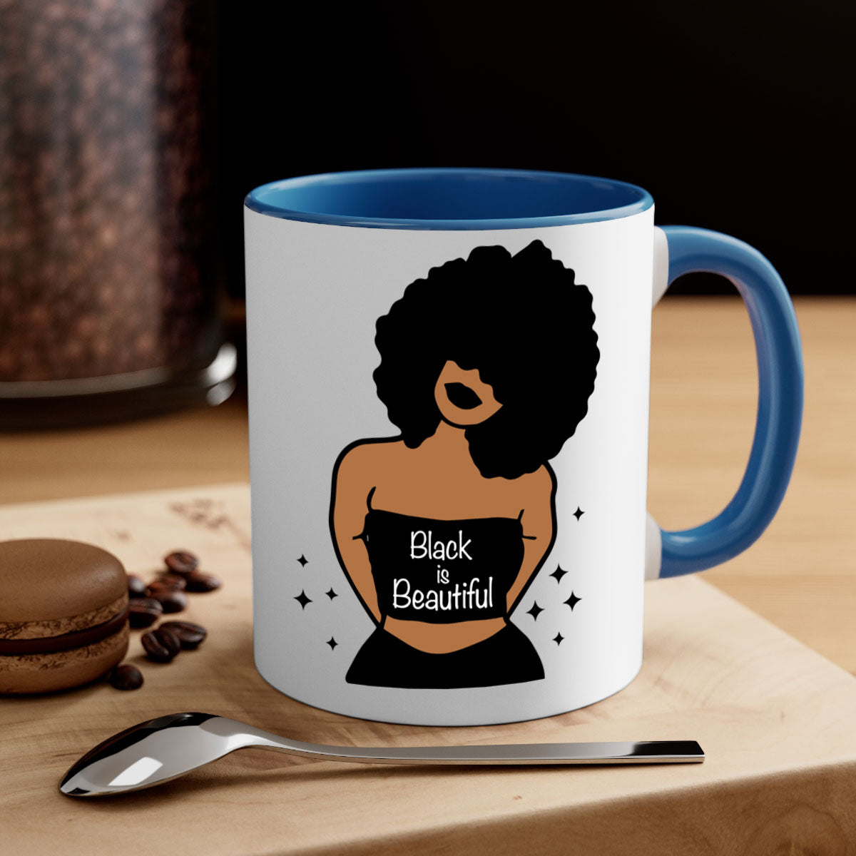 Black is Beautiful Mug featuring a glossy finish with a colored handle and interior, available in multiple colors and sizes.