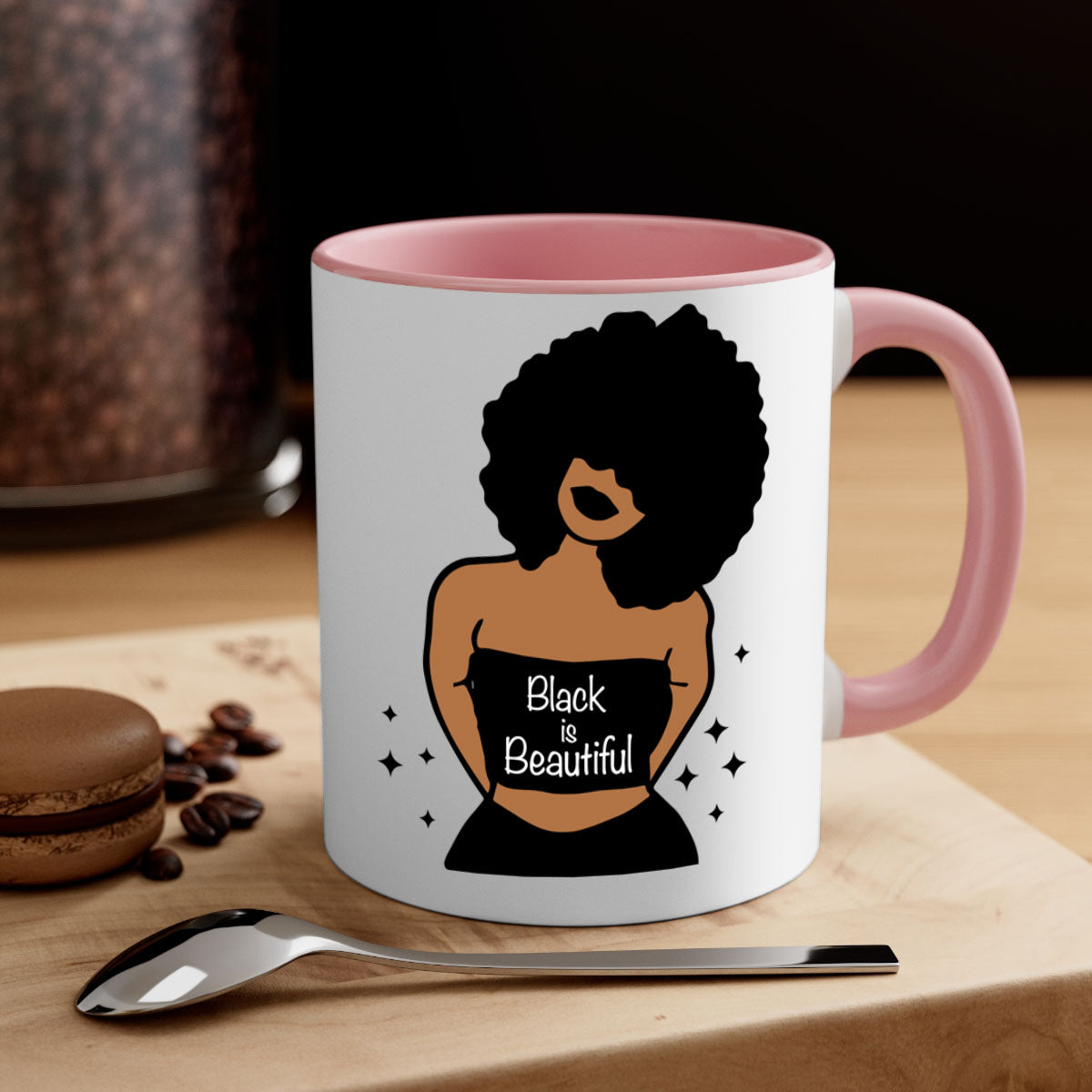 Black is Beautiful Mug featuring a glossy finish with a colored handle and interior, available in multiple colors and sizes.