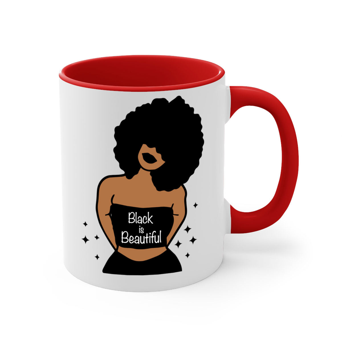 Black is Beautiful Mug featuring a glossy finish with a colored handle and interior, available in multiple colors and sizes.