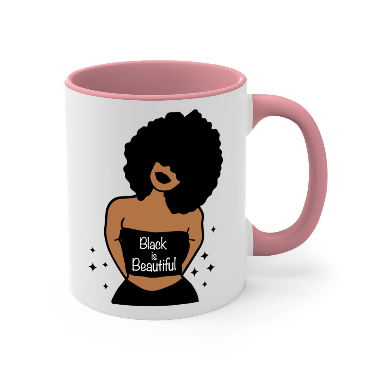 Black is Beautiful Mug featuring a glossy finish with a colored handle and interior, available in multiple colors and sizes.