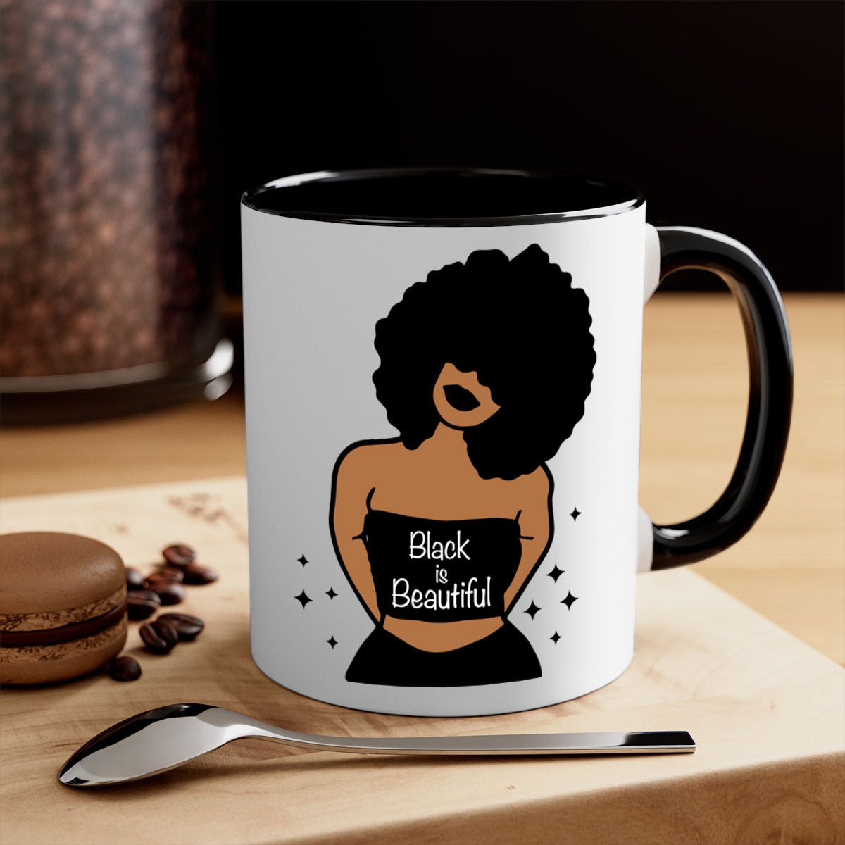 Black is Beautiful Mug featuring a glossy finish with a colored handle and interior, available in multiple colors and sizes.
