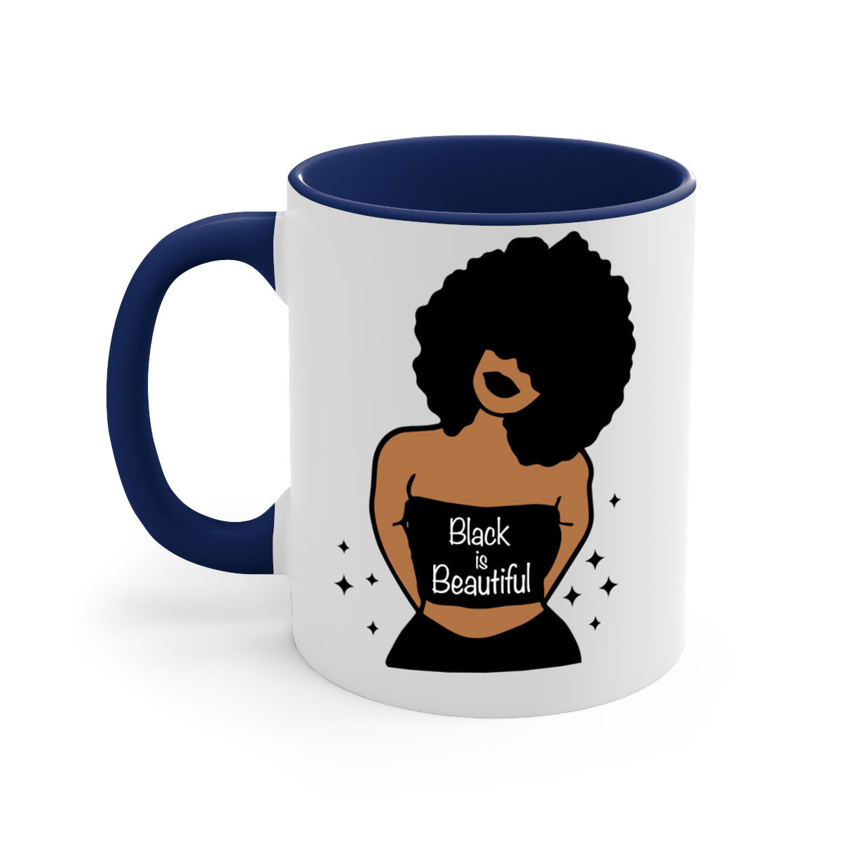 Black is Beautiful Mug featuring a glossy finish with a colored handle and interior, available in multiple colors and sizes.