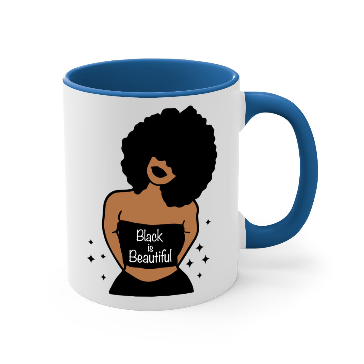 Black is Beautiful Mug featuring a glossy finish with a colored handle and interior, available in multiple colors and sizes.
