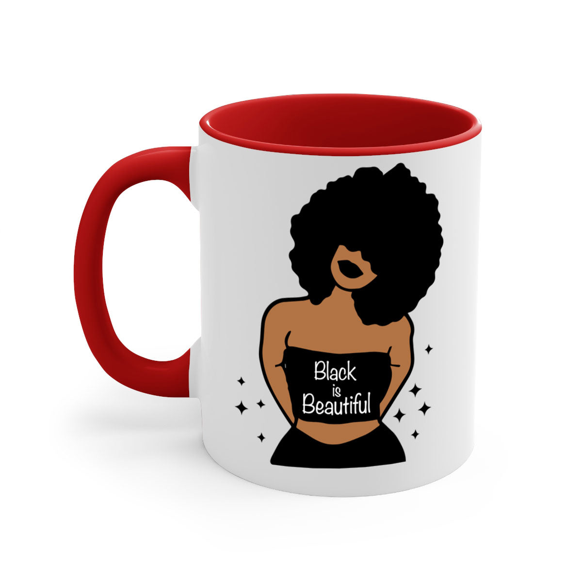 Black is Beautiful Mug featuring a glossy finish with a colored handle and interior, available in multiple colors and sizes.