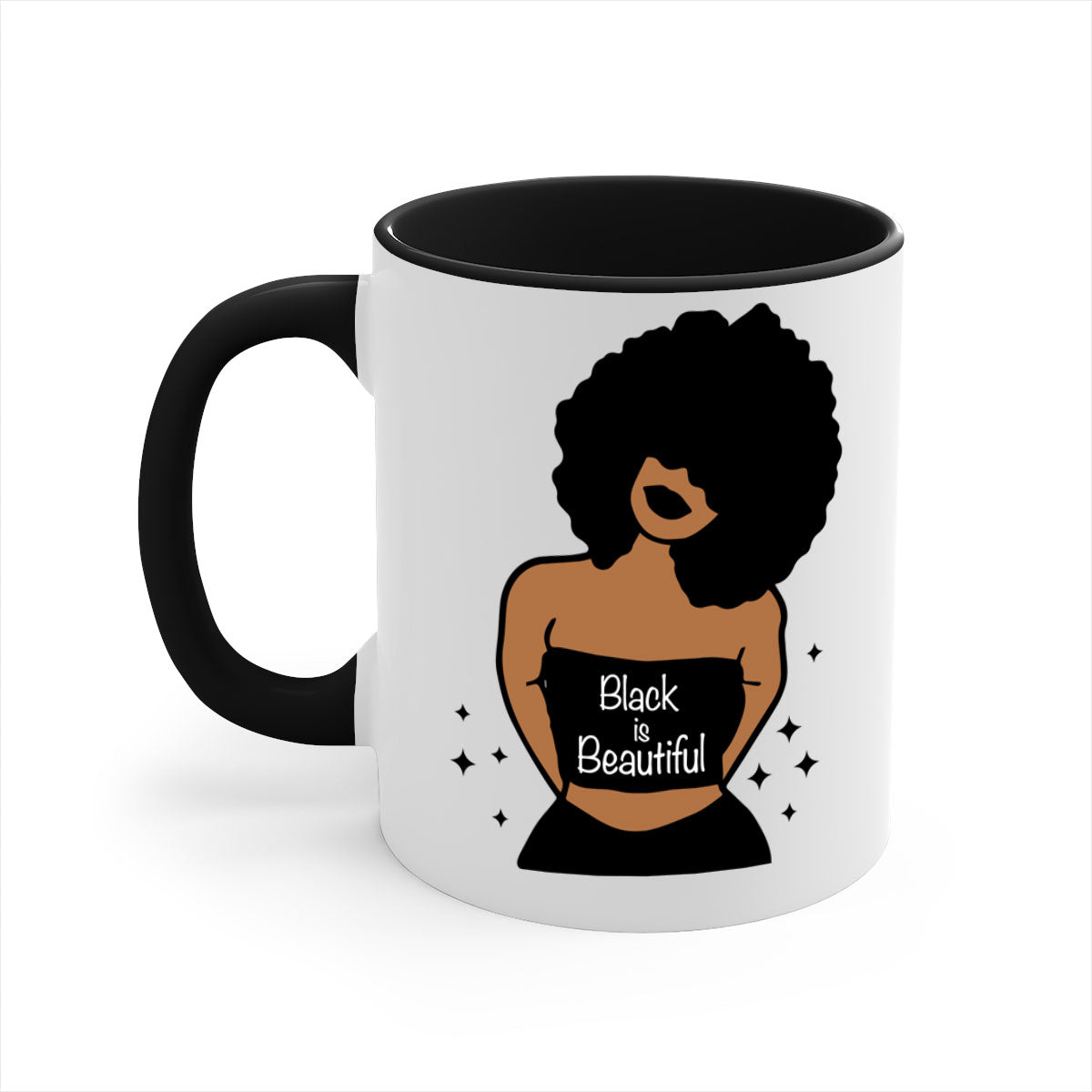 Black is Beautiful Mug featuring a glossy finish with a colored handle and interior, available in multiple colors and sizes.