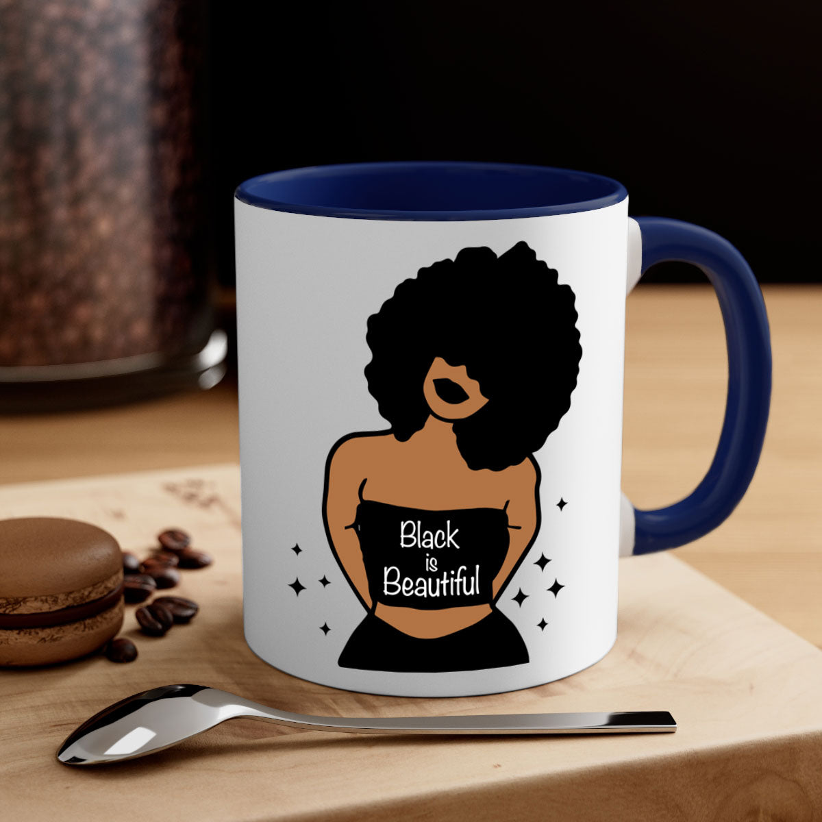 Black is Beautiful Mug featuring a glossy finish with a colored handle and interior, available in multiple colors and sizes.