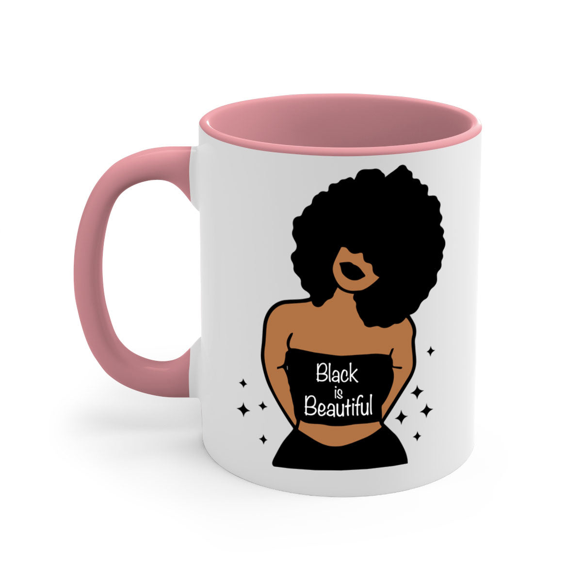 Black is Beautiful Mug featuring a glossy finish with a colored handle and interior, available in multiple colors and sizes.