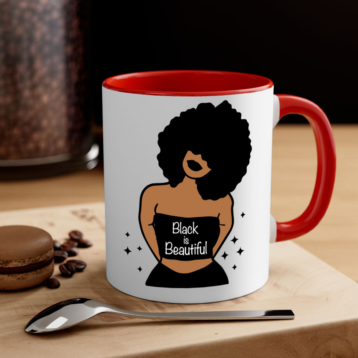 Black is Beautiful Mug featuring a glossy finish with a colored handle and interior, available in multiple colors and sizes.