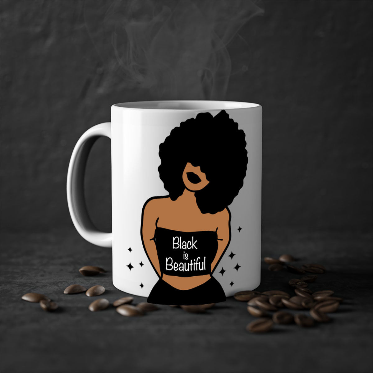 Black is Beautiful Mug featuring a glossy finish with a colored handle and interior, available in multiple colors and sizes.