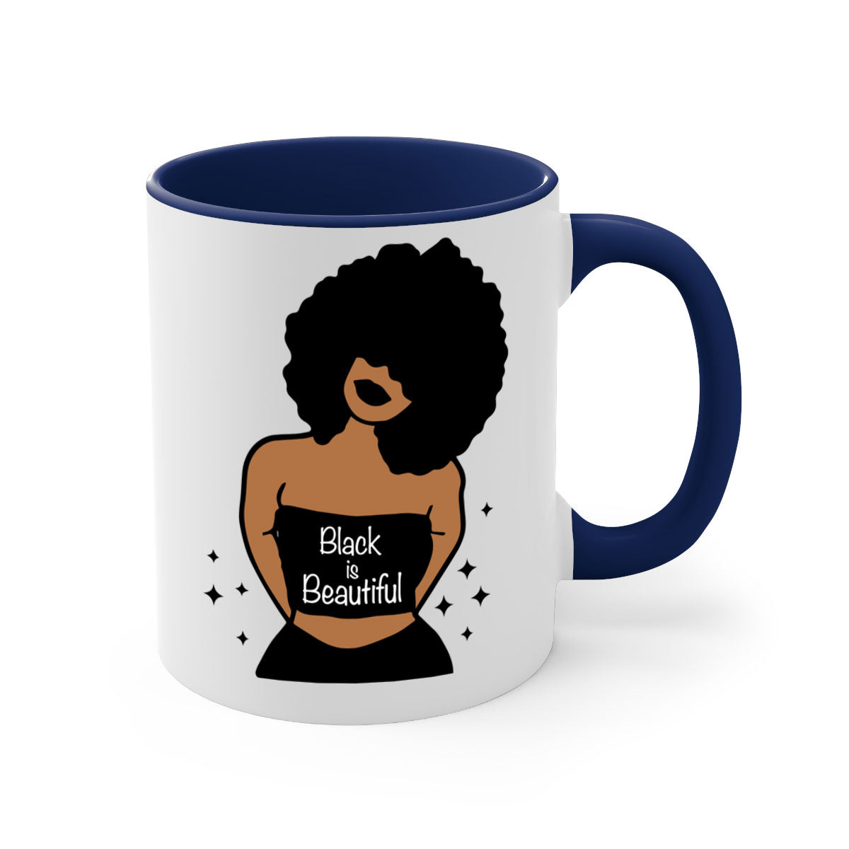 Black is Beautiful Mug featuring a glossy finish with a colored handle and interior, available in multiple colors and sizes.