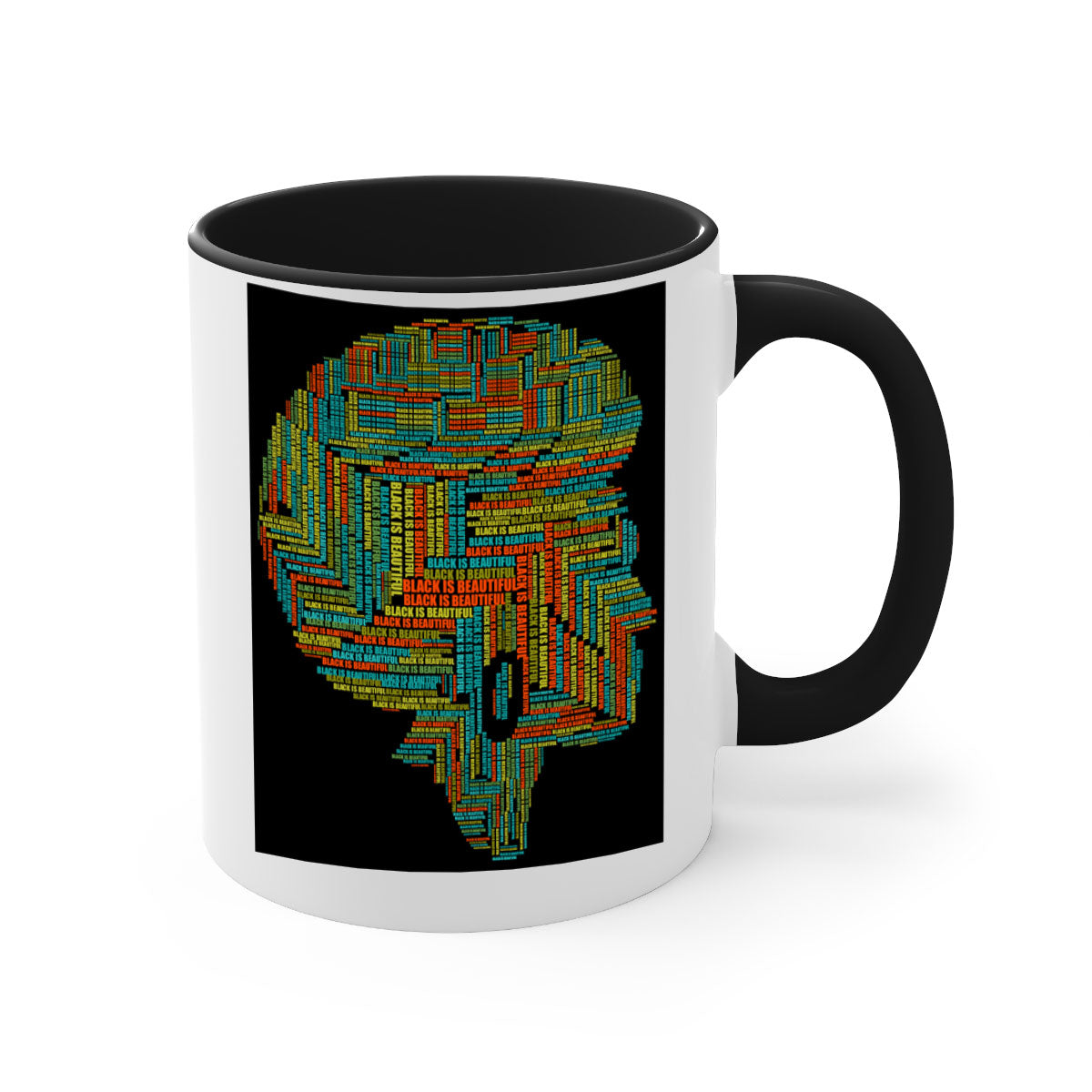 Black is Beautifulii 215# Mug with colorful handle and glossy finish, available in multiple colors and sizes.