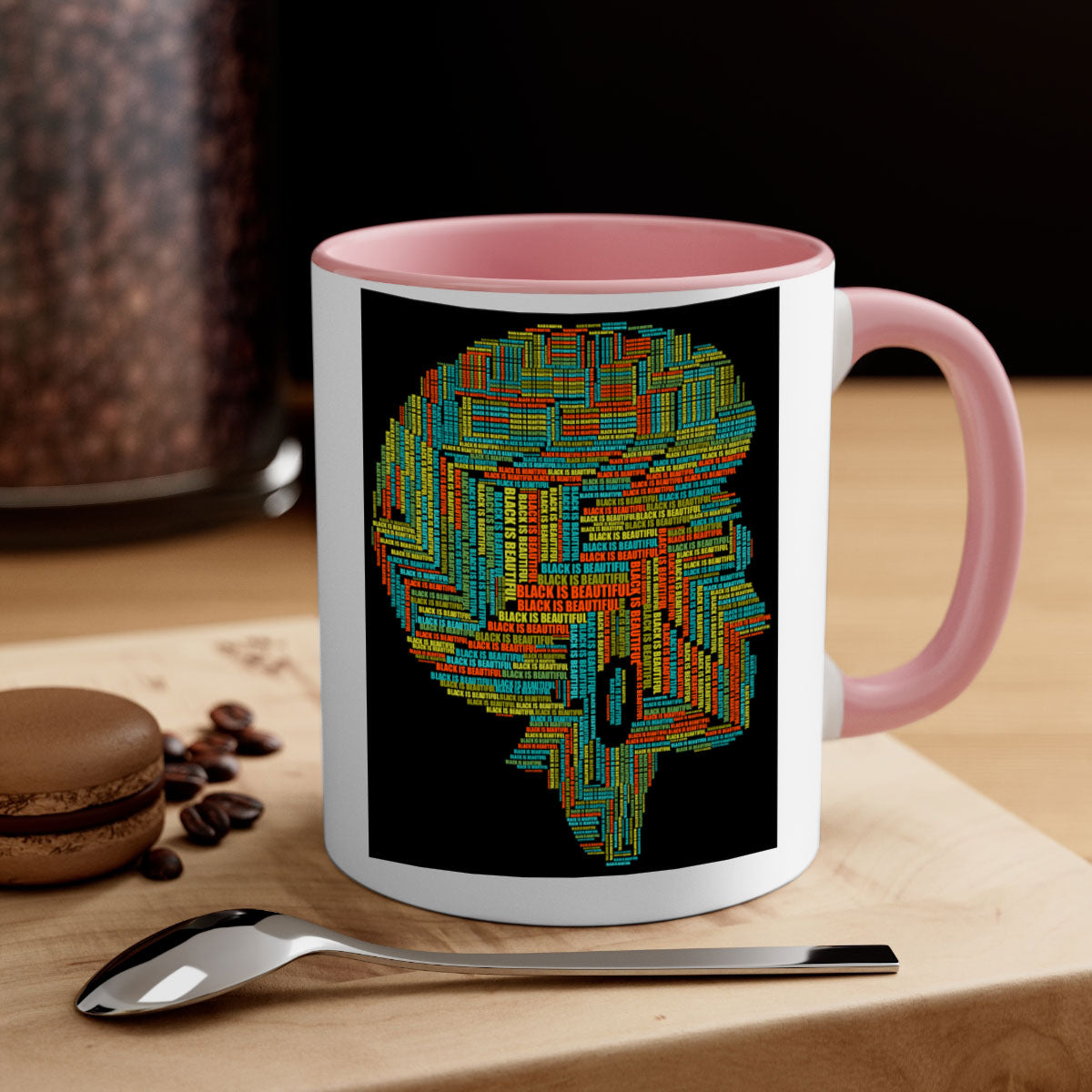 Black is Beautifulii 215# Mug with colorful handle and glossy finish, available in multiple colors and sizes.